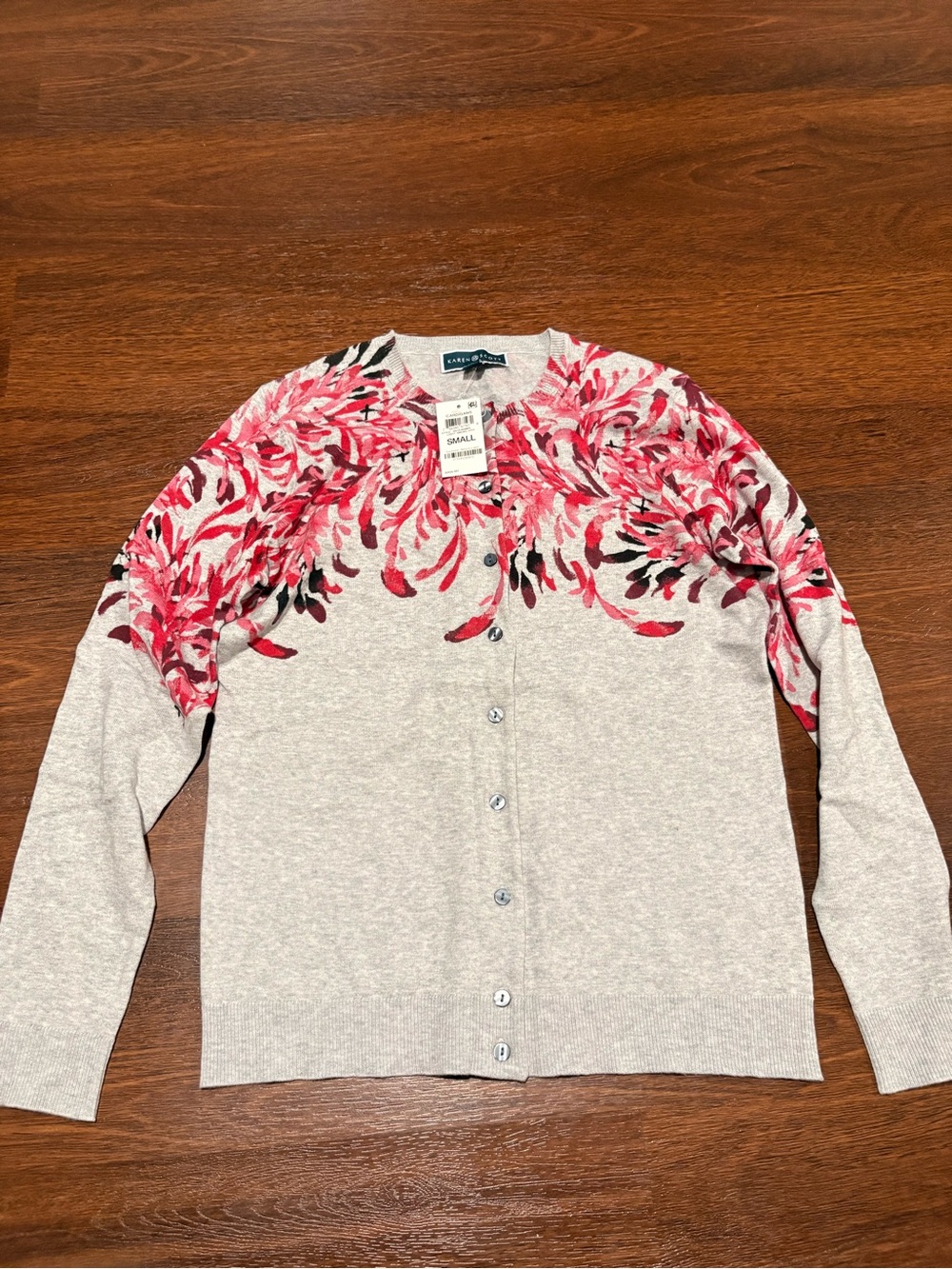 Karen Scott Gray Cardigan Sweater with Pink Floral Accent